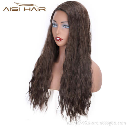 Aisi Hair Brown Color Lace Part Heat Resistant Synthetic Hair Wigs with Bangs Long Wavy Side Part Wigs for Black Women